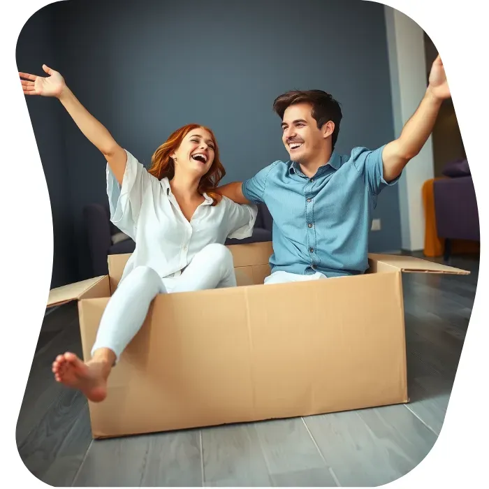 Two guys sitting on the floor of their apartment with Muval moving boxes